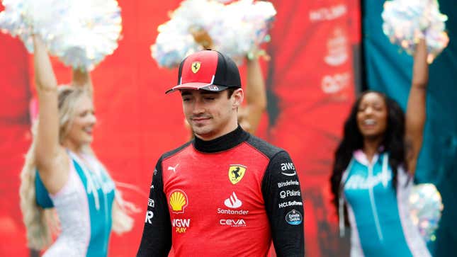 Charles Leclerc of Ferrari doesn’t look particularly impressed with the pre-race ceremonies at the 2023 Formula 1 Miami Grand Prix.