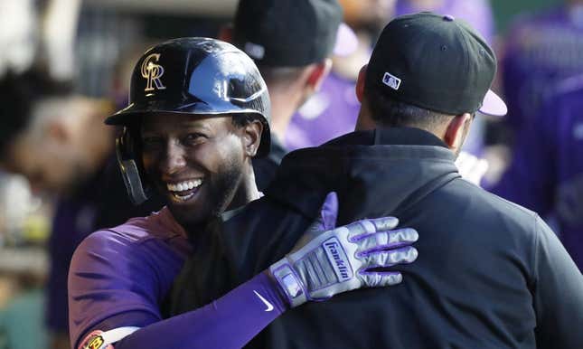 May 9, 2023; Pittsburgh, Pennsylvania, USA;  Colorado Rockies left fielder Jurickson Profar (29) celebrates with teammates after hitting a two run home run against the Pittsburgh Pirates during the seventh inning at PNC Park.