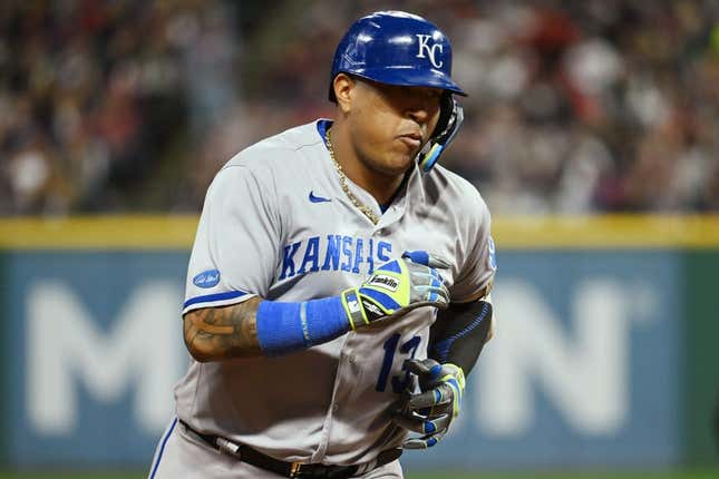 Oct 1, 2022; Cleveland, Ohio, USA; Kansas City Royals catcher Salvador Perez (13) rounds the bases after hitting a home run during the seventh inning against the Cleveland Guardians at Progressive Field.