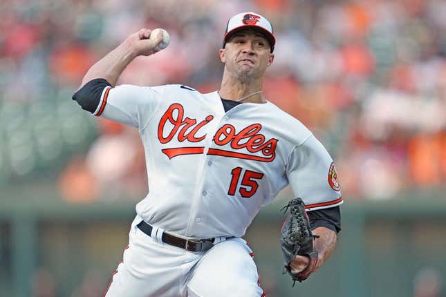 Aug 9, 2023; Baltimore, Maryland, USA; Baltimore Orioles pitcher Jack Flaherty (15) delivers in the first inning against the Houston Astros at Oriole Park at Camden Yards.