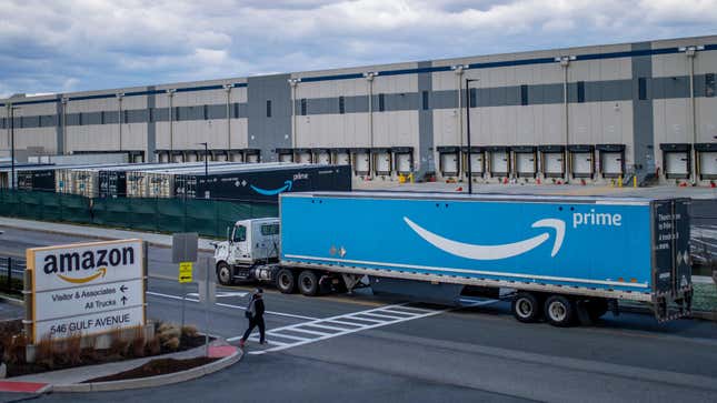  A truck arrives at the Amazon warehouse facility on the Staten Island borough of New York, April 1, 2022.