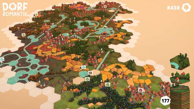 This screenshot from Dorfromantik shows a sprawling villages made up of nearly 200 tiles.