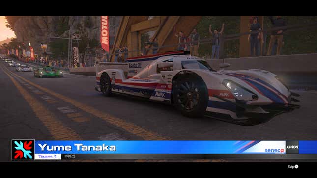 Some screens could use some polish, like this one that weirdly associates this character with “Team 1" (it should say Seneca Racing).