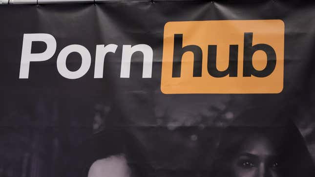 A sign hangs at the Pornhub booth at the 2023 AVN Adult Entertainment Expo at Resorts World Las Vegas