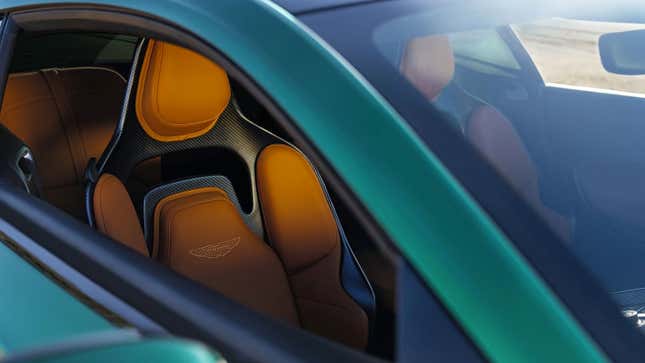 A photo of the seats in the Aston Martin DB12 sports car. 