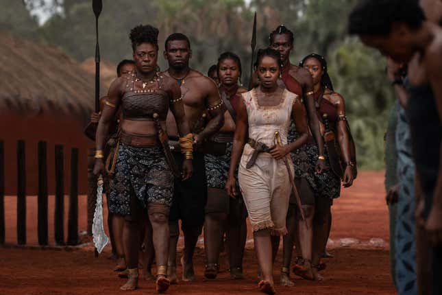 Viola Davis as General Nanisca leads a group of rescued Agojie members in The Woman King.