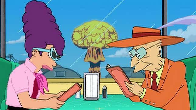A screenshot shows Leela and the Professor in the '50s. 