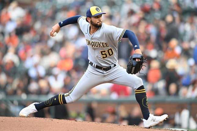 ccMay 6, 2023; San Francisco, California, USA; Milwaukee Brewers pitcher Tyson Miller (50) throws a pitch against the San Francisco Giants during the seventh inning at Oracle Park.