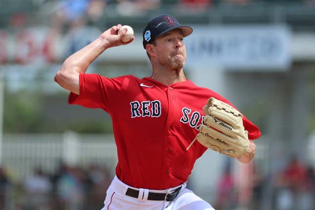 Mar 10, 2023; Fort Myers, Florida, USA;  Boston Red Sox starting pitcher Corey Kluber (28) throws a pitch during the first inning against the Toronto Blue Jays at JetBlue Park at Fenway South.