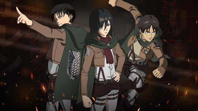 A cleaned up image from Fortnite's Attack on Titan collaboration shows Eren Jaeger, Mikasa Ackerman, and Levi standing side by side. 