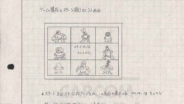 A design document shows the level select screen for Mega Man.