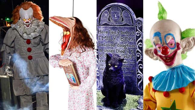 Halloween decor featuring movie characters Pennywise, Barbara Maitland, Binx, and Tiny.