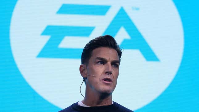 EA CEO Andrew Wilson stands on stage at a video game showcase contemplating his next million.