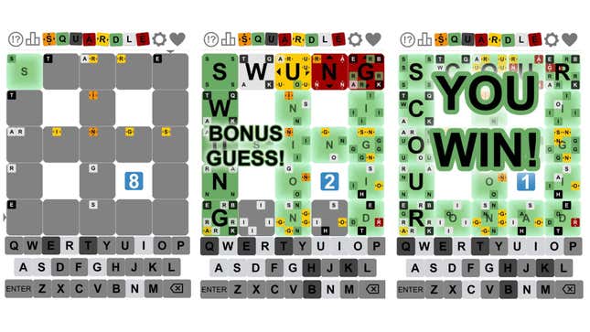 Screenshots of the beginning, middle, and end of a Squardle game. The middle has a lot of boxes and letters and colors. The end has "YOU WIN" in big letters. Refer to article for detailed description.