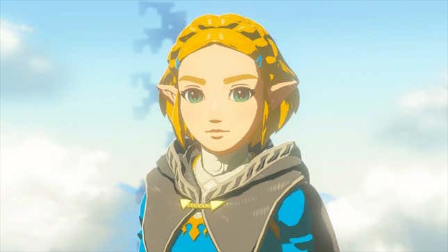 Zelda is seen standing on a sky island.