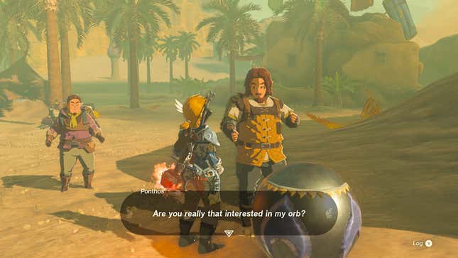 A bearded man named Ponthos asks Link, "Are you really that interested in my orb?" while a large orb sits in the foreground.