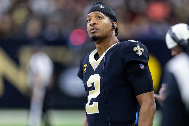 Dec 18, 2022; New Orleans, Louisiana, USA;  New Orleans Saints quarterback Jameis Winston (2) looks on against the Atlanta Falcons during the first half at Caesars Superdome.
