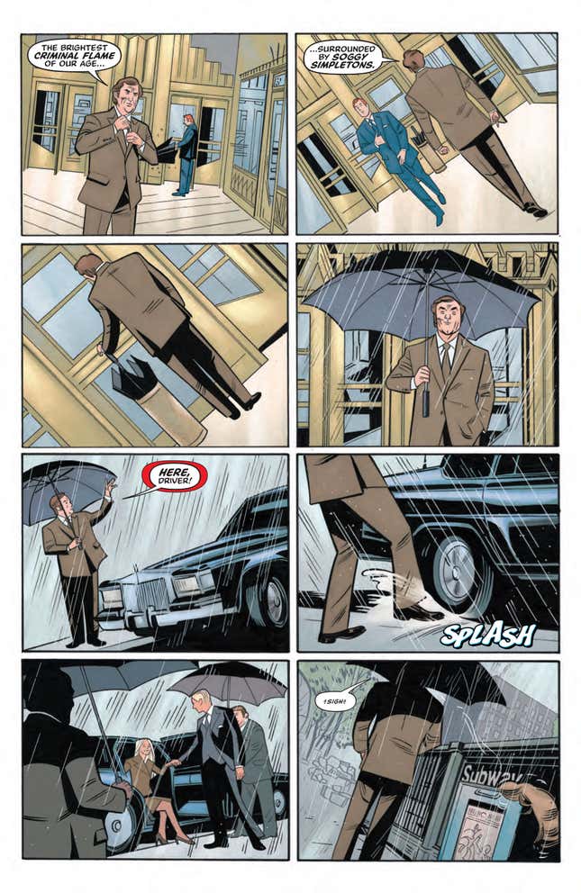 Lex Luthor stealing another man's umbrella on his way out of an office building.