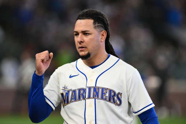 Apr 16, 2023; Seattle, Washington, USA; Seattle Mariners starting pitcher Luis Castillo (58) celebrates after the final out of the seventh inning against the Colorado Rockies at T-Mobile Park.