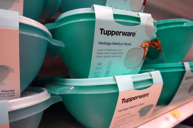  Tupperware products are offered for sale at a retail store on April 10, 2023 in Chicago, Illinois. Tupperware stock closed down nearly 50 percent today after the company warned that it may go out of business.
