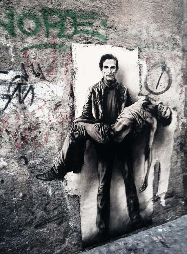 An evocative mural by Ernest Pignon-Ernest in Naples, Italy. (Source: Luca Palermo via The Conversation)
