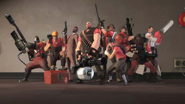 The cast of Team Fortress 2 is shown with weapons drawn.