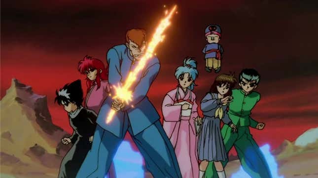 A teen delinquent in a blue school uniform holds a spectral sword in from of his school friends.