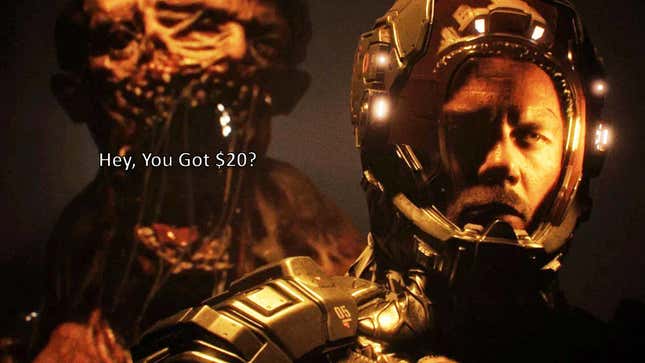 A screenshot shows a monster standing behind a man and asking for money. 