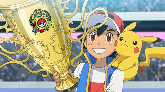 Ash and Pikachu are shown holding their championship trophy.