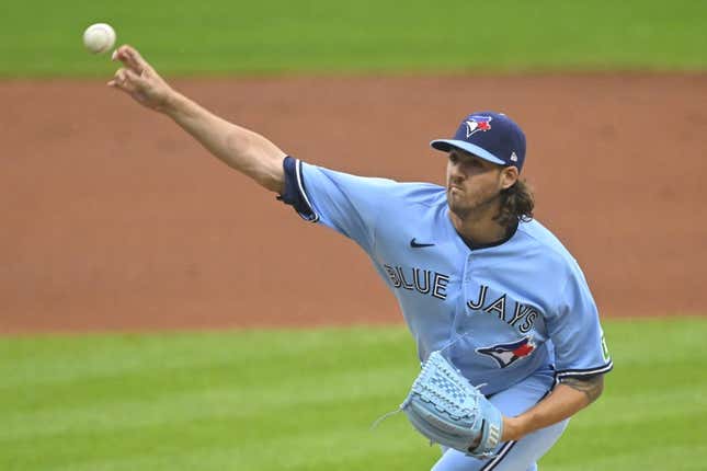 Aug 9, 2023; Cleveland, Ohio, USA; Toronto Blue Jays starting pitcher Kevin Gausman (34) delivers a pitch in the first inning against the Cleveland Guardians at Progressive Field.
