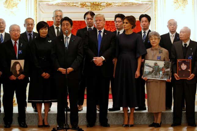 Trump and Abe meet with the family members of those who were abducted from Japan by North Korea.