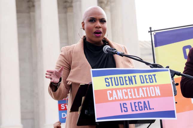 WASHINGTON, DC - FEBRUARY 28: Representative Ayanna Pressley speaks as student loan borrowers and advocates gather for the People's Rally To Cancel Student Debt