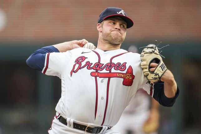 Aug 15, 2023; Cumberland, Georgia, USA; Atlanta Braves starting pitcher Bryce Elder (55) pitches against the New York Yankees during the first inning at Truist Park.