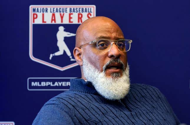 Major League Baseball Players Association Executive Director Tony Clark answers a question during a news conference in New York on March 11, 2022.