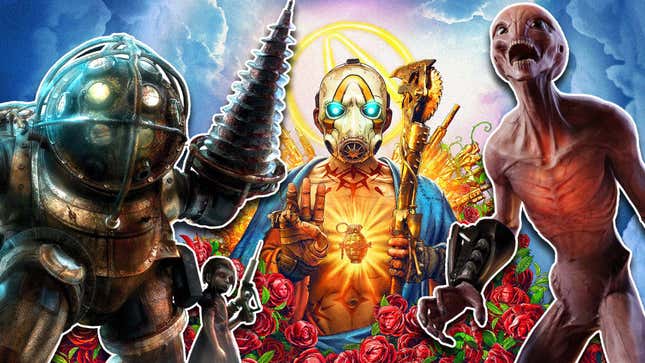 A Big Daddy from Bioshock stands near an alien from XCOM 2 and a masked enemy from Borderlands.