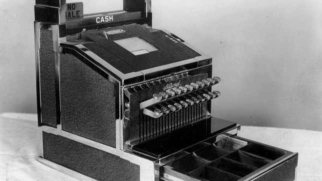 Black and white photo of old-fashioned cash register
