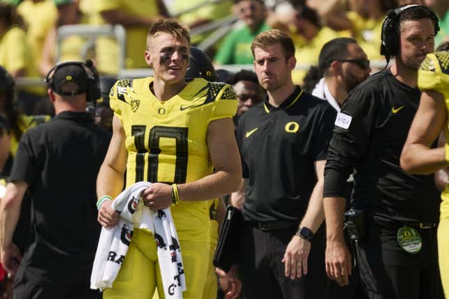 Sep 2, 2023; Eugene, Oregon, USA; Oregon Ducks quarterback Bo Nix (10) watches the game from the sidelines during the second half against the Portland State Vikings at Autzen Stadium.