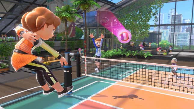 Three people play volleyball in Nintendo Switch Sports.