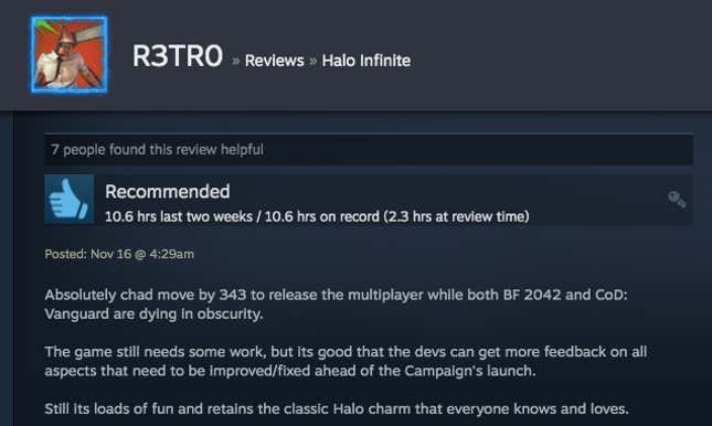 Image for article titled Halo Infinite’s Multiplayer, As Told By Steam Reviews