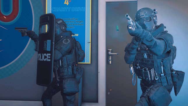 A Ready or Not screenshot depicting two SWAT team members equipped with tactical gear shooting through some room.