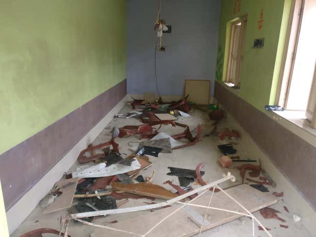 The vandalised clubhouse at Harishpur, Basirhat.