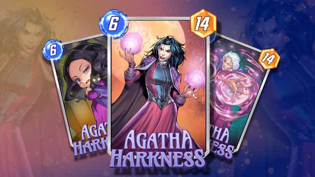 Three Agatha Harkness card variants are shown.