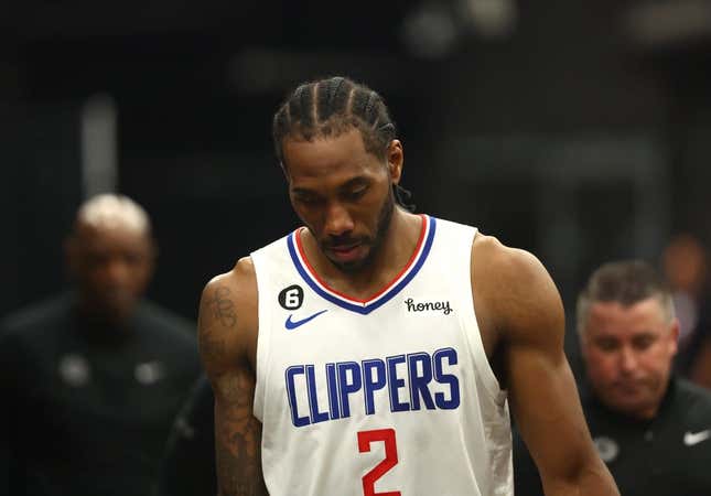 Apr 18, 2023; Phoenix, Arizona, USA; Los Angeles Clippers forward Kawhi Leonard (2) reacts following the game against the Phoenix Suns during game two of the 2023 NBA playoffs at Footprint Center.