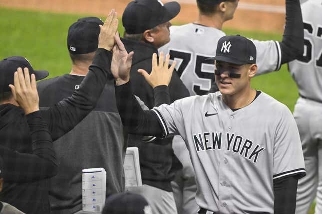 Apr 11, 2023; Cleveland, Ohio, USA; New York Yankees first baseman Anthony Rizzo (48) celebrates a win over the Cleveland Guardians at Progressive Field.