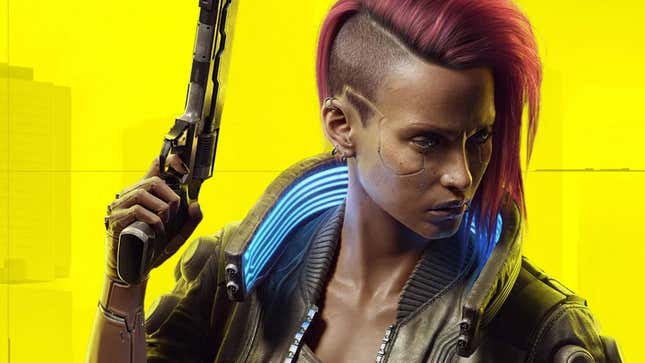 Cyberpunk 2077's V stands in front of a yellow background holding a gun. 