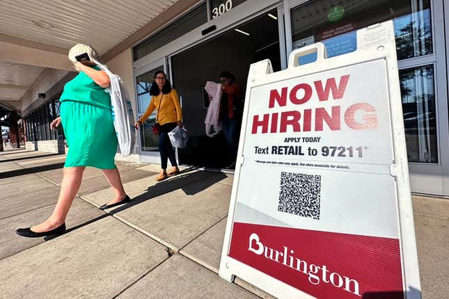 A hiring sign is displayed at a retail store in Vernon Hills, Ill., Thursday, Aug. 31, 2023. On Thursday, the Labor Department reports on the number of people who applied for unemployment benefits last week. (AP Photo/Nam Y. Huh)