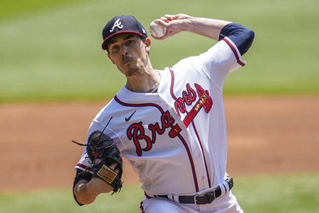 Apr 23, 2023; Cumberland, Georgia, USA; Atlanta Braves starting pitcher Max Fried (54) pitches against the Houston Astros during the first inning at Truist Park.