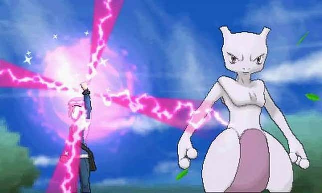 A trainer is shown preparing to mega evolve Mewtwo.