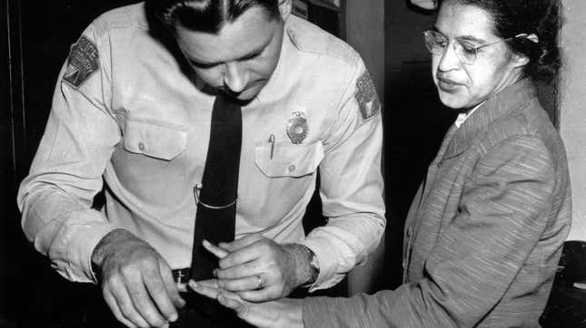 Rosa Parks is fingerprinted by police Lt. D.H. Lackey in Montgomery, Ala., Feb. 22, 1956, two months after refusing to give up her seat on a bus for a white passenger on Dec. 1, 1955. The quest by a civil rights pioneer to have her arrest record wiped clean after nearly 70 years after she protested racial segregation has raised the possibility of similar bids to clear the names of Rosa Parks and Martin Luther King Jr., whose convictions remain on the books in Alabama’s capital.