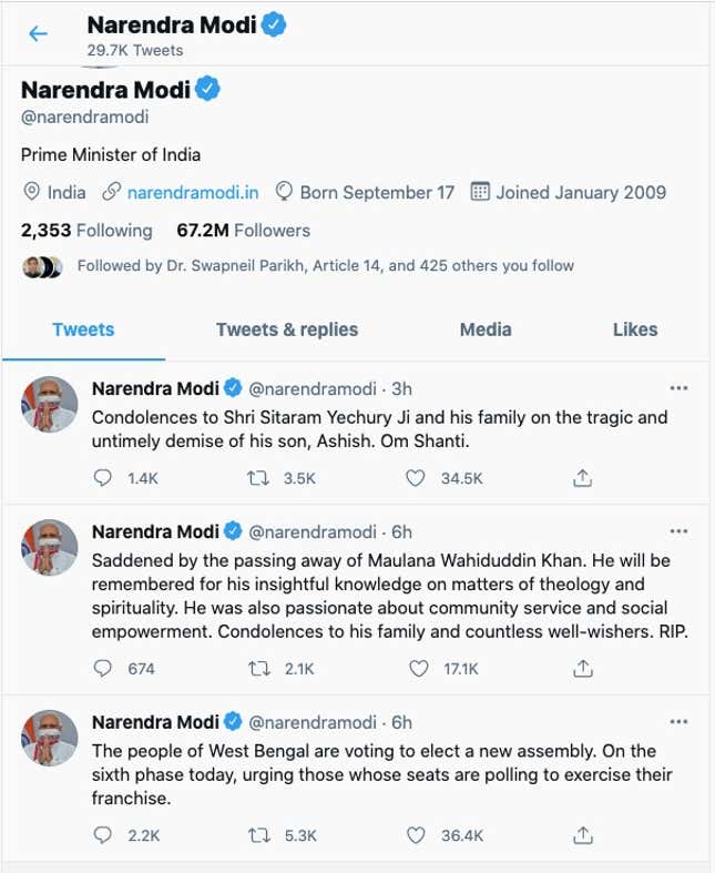 Prime minister Narendra Modi's Twitter timeline is peppered with condolence messages and West Bengal elections.